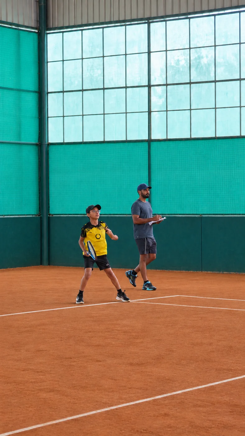 A coach walking the baseline with notes while a junior player waits to hit on a clay court